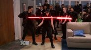 Sebastian uses his lazer pitfork to make a party entertainment(Lab Rats Bionic Houseparty)