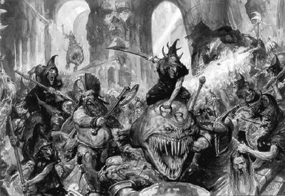 Goblins Nocturnos atacando a Enanos por Paul Dainton