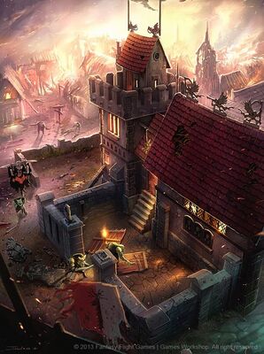Orcos y Goblins saqueando asentamiento del Imperio por Julian Kok Art