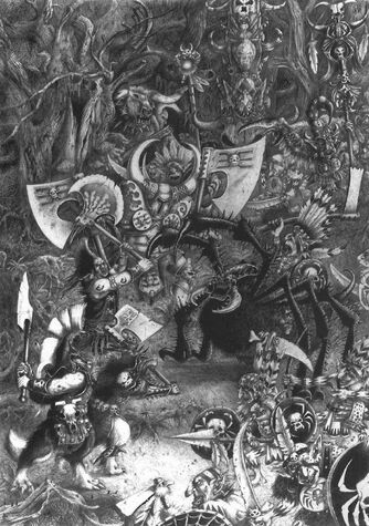 Caos contra Goblins Silvanos por John Blanche Guerreros Hombres Bestia