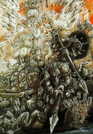 Guerreros Saurios recibiendo flechas por John Blanche