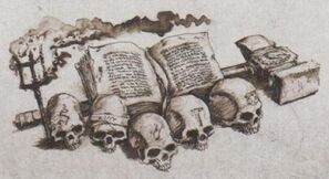 Libro, martillo y craneos