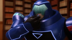 Rogercop blowing his whistle to control the handcuffed Chloé and André.