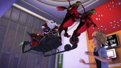 Santa Claws' sleigh phasing through a window.