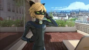 Cat Noir using his staff as a phone.
