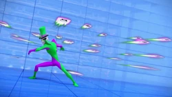 Simon Says throwing many cards at Ladybug and Cat Noir.