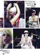 "Haus of GaGa Styled. Anna Trevelyan makes catsuit out of gauze from Belgium Pharmacy", "Vamp teeth represent my transformation as artist" Before the shooting with Ellen von Unwerth for OUT magazine.