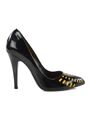 Black patent with a yellow Chanel logo pumps