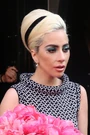 Platinum-blonde dot with black headpiece