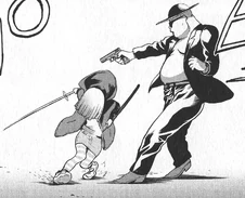 Jacqueline cuts off Picton's right hand with her katana