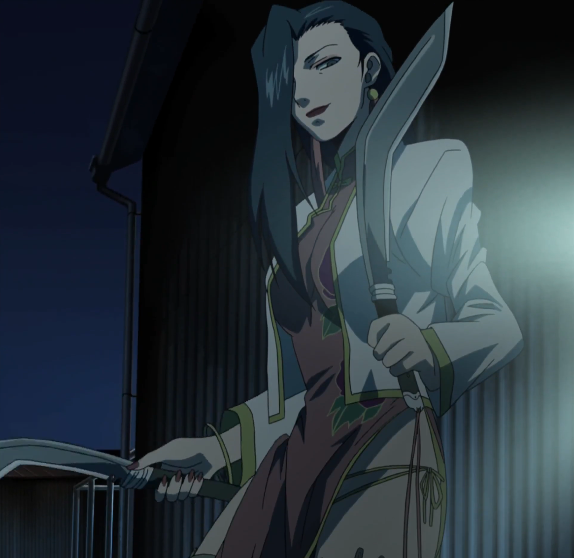 handsome anime killer holding a knife in dark anime