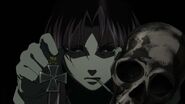 Revy holding up an Iron Cross and a dead sailor's skull