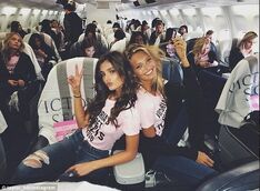 June & Mikki on a flight to Paris for a Victoria's Secret show