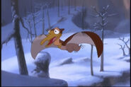 Petrie, flying above the snow.