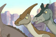 Headshots of a Parasaurolophus (middle) and a Lambeosaurus, in "The Amazing Threehorn Girl".