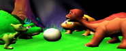 The Prehistoric Pals observe the egg in a cutscene