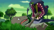 Littlefoot helps Hyp by giving him a stick to lodge in the Sharptooth Mom's mouth