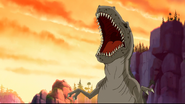 The T. rex throws its head back and roars