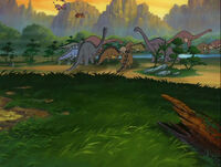 Rinkus, Sierra and Pterano flying into the crowd of far-walkers