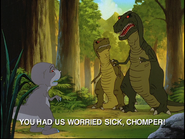 Three Tyrannosaurus characters; Chomper, his mother and his father
