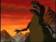 The sharptooth, in response to being slapped, trumpets like an elephant