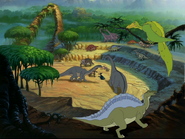 An Ouranosaurus next to an Archaeopteryx above the Rock Circle