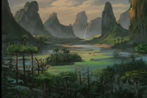 A marsh in the valley, with a distant-view of the main characters.