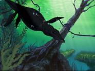 The Liopleurodon breaks free from the vine, and starts searching for Mo.