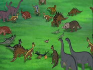 A variety of Valley-dwellers alongside multiple named characters, in The Land Before Time VII: The Stone of Cold Fire