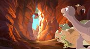 Littlefoot and his friends hide from the Featherhead Sharpteeth (from the July 28, 2015 leaked trailer)