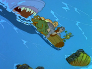 The sharptooth bites the log as it hits a rock, sending the kids hurling towards land.