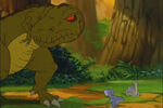 Mama Sharptooth, believing Littlefoot to be Chomper's prey, tells him "not to play with his food".