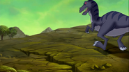 The sharptooth targets Littlefoot and Hyp while the others escape