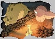 A cel of the Berry Scene. Ducky is perhaps asking Littlefoot if Spike can join them on their journey.