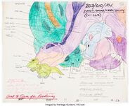 The Land Before Time Petrie, Spike, Ducky and Littlefoot Sleeping Cel Setup and Color Model Drawings Group of 3 2