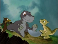 Chomper with Ducky and Petrie, shortly hatching in The Great Valley Adventure.