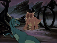 The first quilled dromaeosaur in The Land Before Time III: The Time of the Great Giving harasses a Chasmosaurus