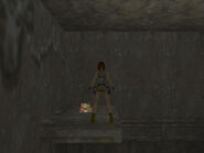 Backflip onto the slope and hold the Jump key, and Lara will spring off the ramp then jump forward onto each of the 3 angled blocks in turn, landing on the ledge above.