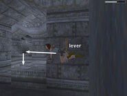 If Lara's air meter is less than half full, return to the open trapdoor for air. Otherwise, after pulling the lever, swim between the pillars on the left and then down into the long tunnel you came through before (as indicated by the arrows in the screenshot above).