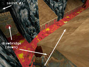 Straight ahead across the lava is a doorway you can't reach yet. There's a drawbridge spanning this gap, but it's down at the moment. For now, take a standing jump to the first flat spot on right side of the tan slope.