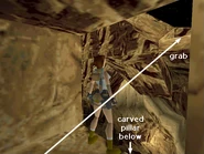 Egypt10.jpg (112 KB) Stand in the opening at the top of the stairs, above the carved pillar where you got the shotgun shells, and face out over the cave. Hop back from the edge and then take a running jump to grab the ledge ahead and pull up.