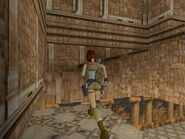 Run forward and fall down to the next lower level. As Lara falls, again hold the Roll button so she lands and comes up facing the other way.