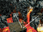 Take a running jump from the doorway to the nearest tall, square pillar in the lava river. Turn right and take a running jump to the next pillar (the one on the right).