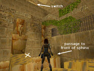 The AREA BEHIND THE SPHINX (described in the main walthrough) is also the location of the final switch in the level—the one that dumps sand into the room with the SECOND SAPPHIRE KEY. This switch is high above the statues and ledges and can't be reached from below. . . unless you cheat. Climb onto the second ledge from the tunnel entrance to the spot marked with an X in the screenshot above.