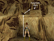 Turn left to face the cave wall. Climb onto the ledge ahead and above, then to the block on the right, where you'll find more magnum clips.