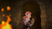 Teodora helping Leo escape the burning building