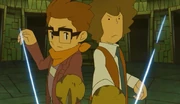 Randall and Layton sword fighting.