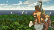 Layton, Luke et Melina dans leur vaisseau de fortune, survolant l'île d'Ambrosia