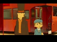 Layton and Luke leaving a bus in London