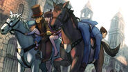 Artwork von Layton, Luke, Maya und Phoenix auf Pferden in Labyrinthia